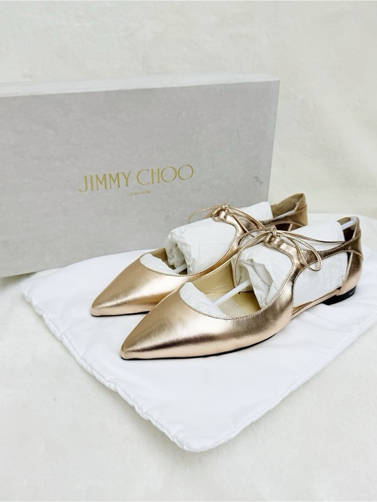 Jimmy Choo Shoes - Jimmy Choo Metallic Rose Gold Pointed Ballet Flats with Ankle Tie